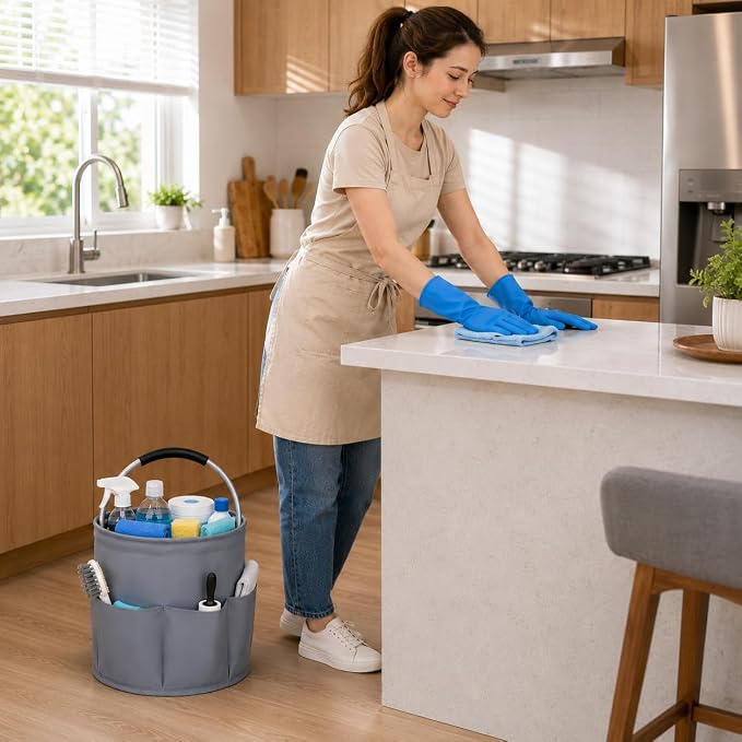 Cleaning Caddy with Handle, 17L Foldable Storage Basket, Heavy Duty 600D Oxford Cloth Organizer, Portable Supply Bag, Multi-Purpose Supplies Caddy for Home, Bathroom, Kitchen, Garden - ( Dark Gray )