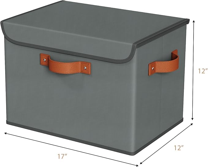 Univivi Fabric Storage Cubes with Lids, Stackable Storage Box, Grey, 3 PCS | Heavy Duty, Large Capacity, Leather Handle, Oxford Fabric, Sturdy PP Board, Storage Bins for Bedroom, Closet, Nursery, Office