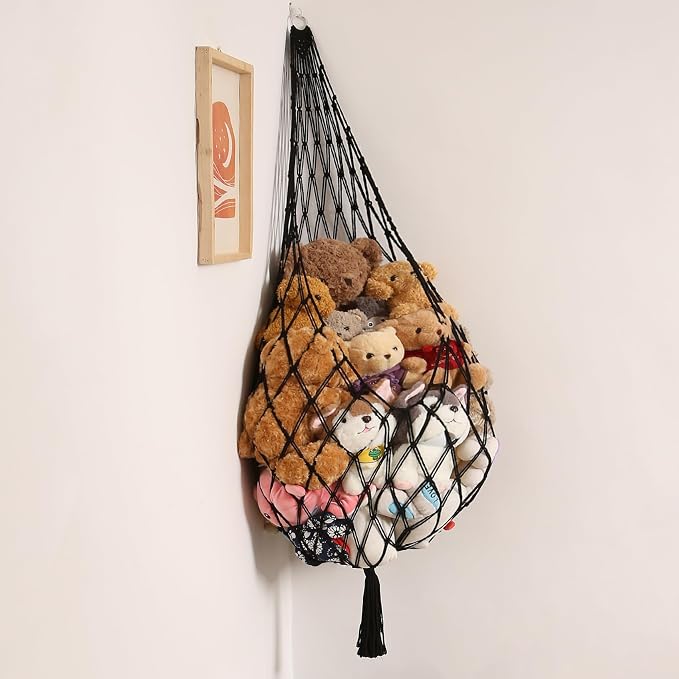 Amdermi Stuffed Animal Hammock Corner Hanging Net for Stuffy Animal Storage Macrame Toy Display Plushie Toy Holder-Perfect for The Tiny Space Walls, Kid Bedroom Decor Playroom Organizer (Black XL)