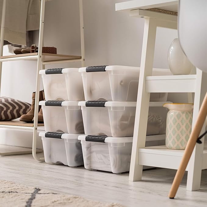 IRIS USA 6-Pack 13 Quart Storage Bins with Lids, Pearl | Conceals contents for a clean look. Ideal for shoes, photos, documents, and small essentials. Nestable design saves space