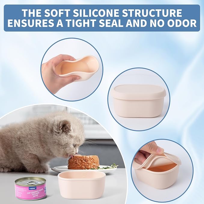 SLSON Canned Cat Food Storage Container for 3oz Cat Cans, 2Pack Silicone Airtight Can Cover Pet Food Sealer Reusable Sealing Box for 2.56''/65mm Can Keep Food Fresh