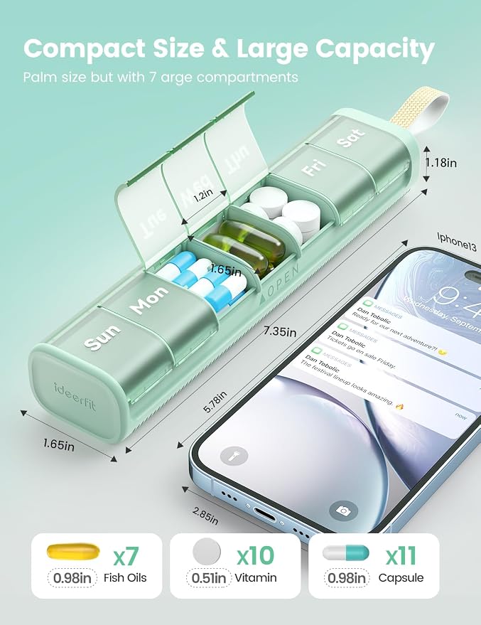 Weekly Pill Organizer, 7 Day Once Daily with Desiccant Chamber | BPA-Free, Easy Open Lids, Spill-Resistant, Compact Travel Case with Portable Handle, Green
