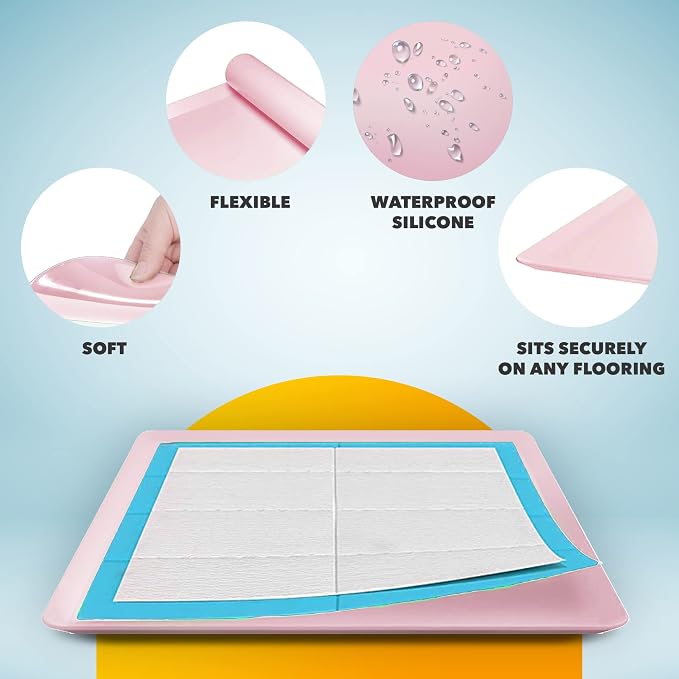 Dog Pee Pad Holder - Fits Up to 24” x 24” Pee Pad - 1 Pack - Rose | Stable Grip, Raised Edges, Quick-Wipe Silicone Surface Dog Potty Tray Holder for Indoor Flooring Protection
