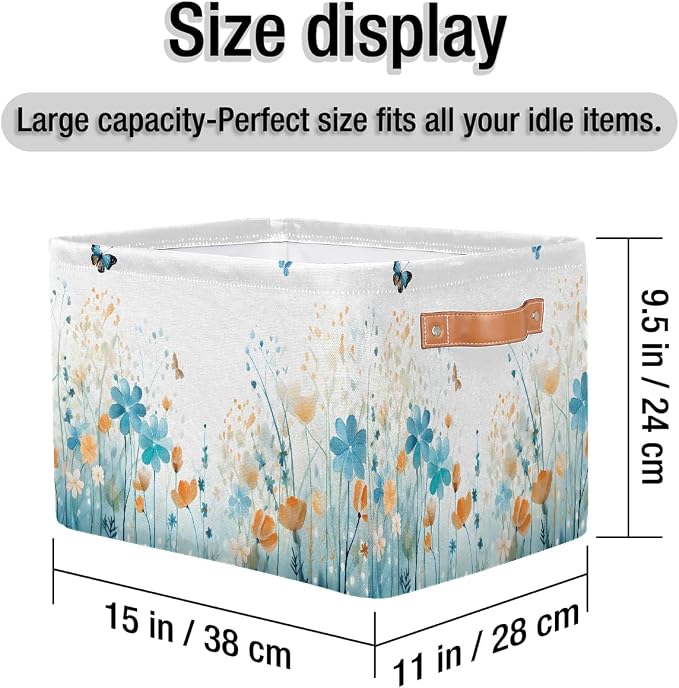 Watercolor Flower Butterfly Rectangular Storage Bin Collapsible Storage Basket Organizer Boxes with Leather Handle Storage Cube for Shelves Toy Laundry Nursery 1 PC