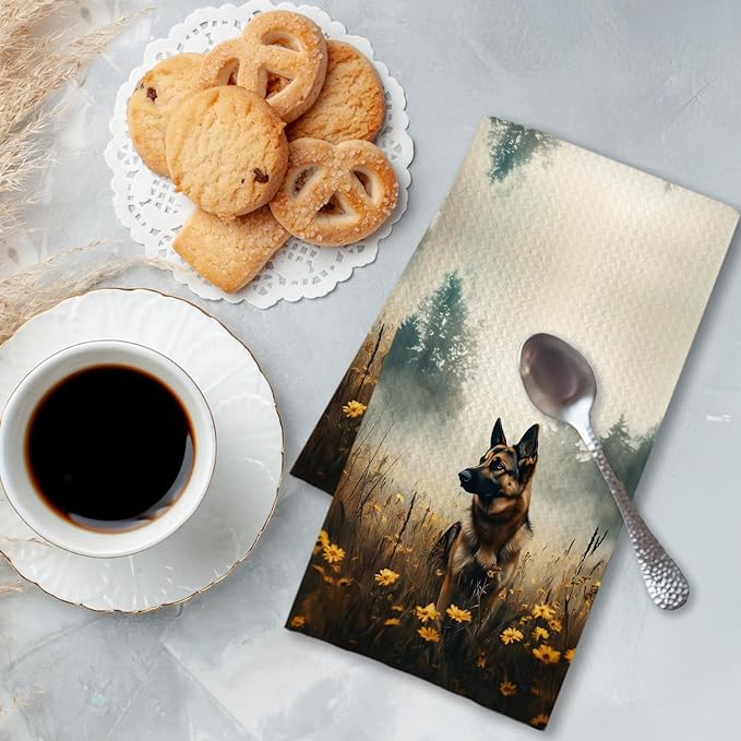 Chicimln Forest Wildflower German Shepherd Dog Kitchen Towels, German Shepherd Gifts Decorative Hand Towels for Bathroom, Dog Lover Gifts Dish Tea Towel Drying Cloth for Kitchen, 16x24 Inch