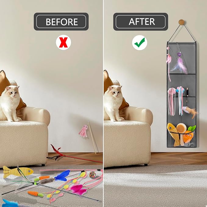 Hanging Cat Wand Holder and Kitten Stick Toy Storage Bag - Accessories Organizer for Indoor Cats (Fabric Pockets)