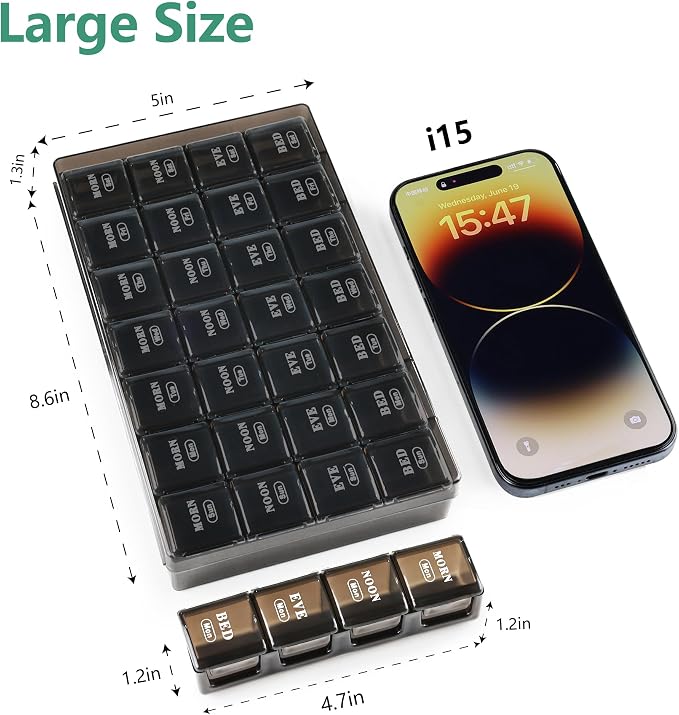 MOLN HYMY Pill Organizer 4 Times a Day, 7 Day Weekly Pill Box with 28 Big Compartments, Portable Travel Medicine Planner for Vitamins, Fish Oils, Supplements (Black, Large)