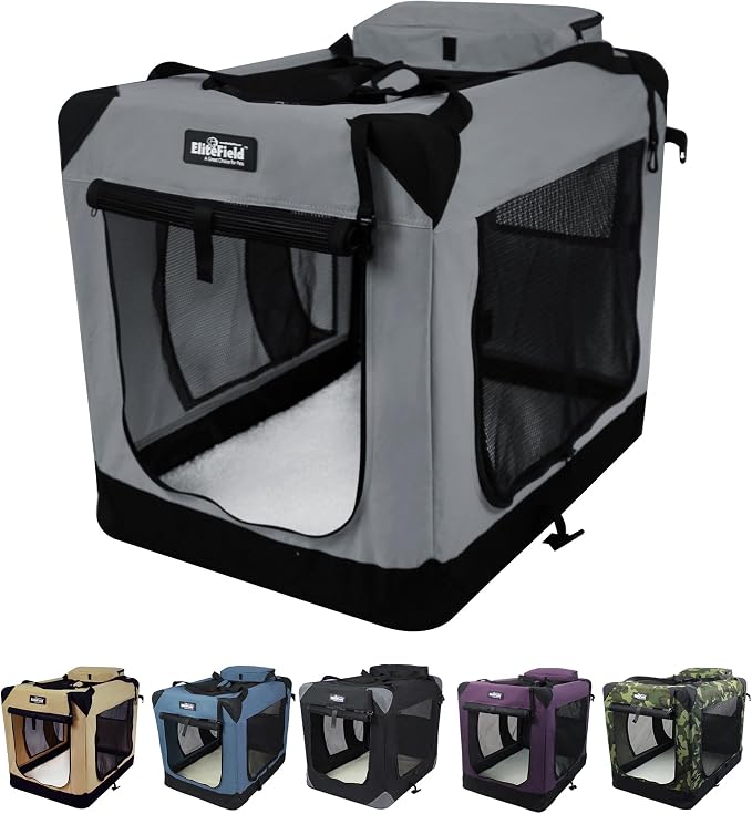 EliteField 3-Door Soft Dog Crate with Bed & Carrying Bag (2-Year Warranty) | 3 Mesh Doors, Steel Frame, Removable & Washable Crate Cover and Bed Cover, Storage Pockets, Indoor/Outdoor, Foldable