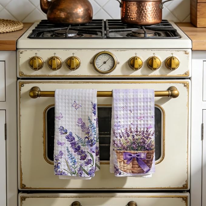Lavender Purple Flower Kitchen Towels, Quick Dry Multipurpose Waffle Weave Hand Towels for Bathroom, Absorbent Reusable Cloth Tea Dish Towels for Home Decor, Lavender Lover Gift Towel Set of 2