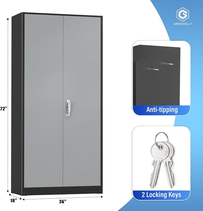 Greenvelly Metal Storage Cabinet with Doors and Shelves, 72" Inch Locking Metal Cabinet,Garage Storage Cabinet for Garage Office School Warehouse (Black Gray)