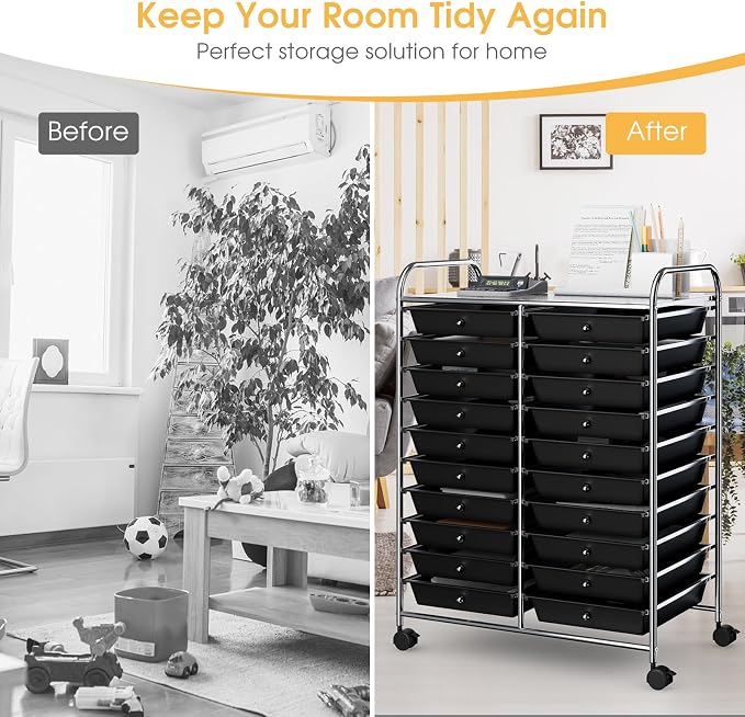 20 Drawer Rolling Storage Cart, Art Cart Organizer with Wheels for Makeup, Tool, Paper, Multipurpose Craft Storage Cart with Drawers for Office, Home, Classroom, Teacher, School (Black)