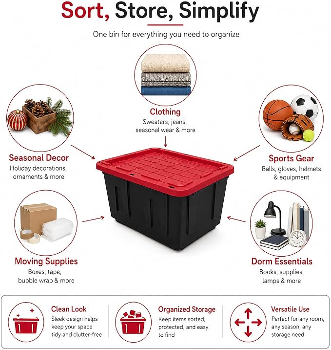 27 Gallon Storage Bins with Lids, Heavy Duty Plastic Stackable Totes, 3-Pk | High-impact polypropylene construction resists dents and stains. Features lockable lid channels and integrated grip handles.