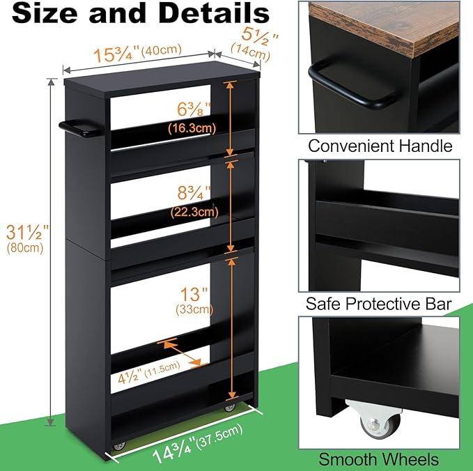 MARTY Slim Rolling Storage Cart, Wood Utility Kitchen Bathroom Laundry Cart | 4 Tier Kitchen Cart with Wheels Handle, Laundry Room Organization, Narrow Bathroom Storage Cabinet, 5.5" Wide Storage Trolley