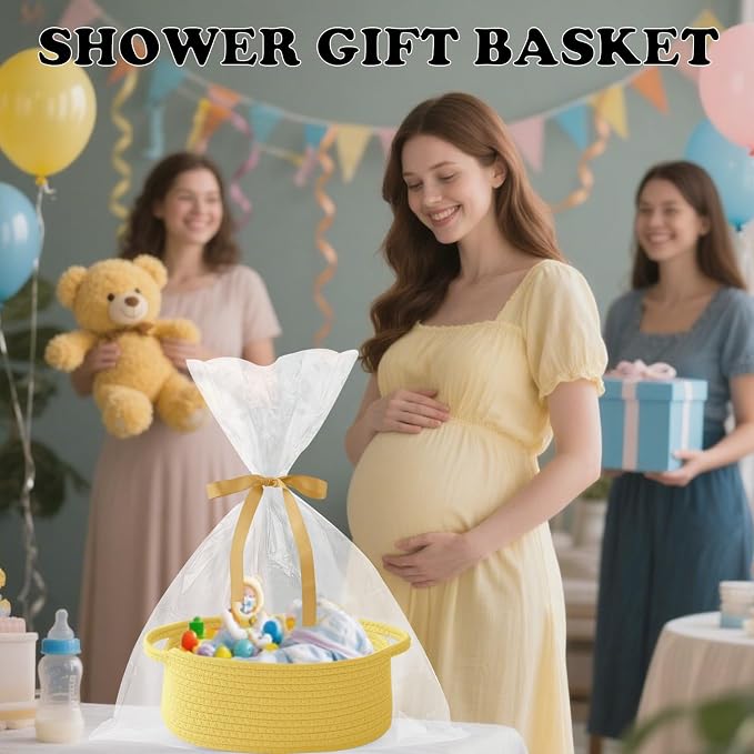 Woven Rope Basket - Baby Gift Basket with Bag & Ribbon, Yellow | Cotton rope with handle, 12 x 8 x 5 in, gift bag and ribbon, for baby shower, birthday, toy storage, nursery, shelf decor