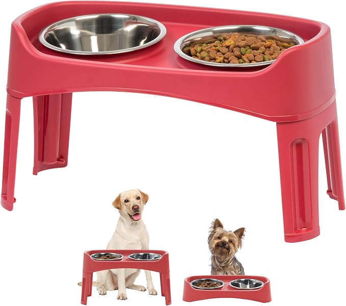IRIS USA Elevated Dog Bowls, Dual Height 4.63" or 12.25" Made in USA, Black | Includes 2 Stainless Steel Bowls (64oz), Spill Guard, Height Adjustable, Non-Slip Feeder, Helps Reduce Neck Strain