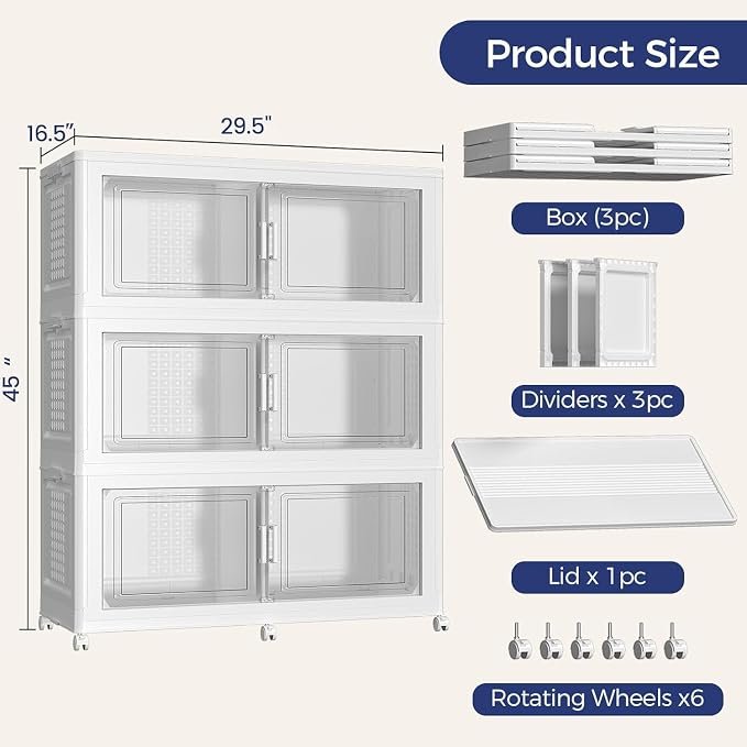 120Gal Stackable Storage Bins with Lid 3-Tier Collapsible Cabinet Closet Organizer Box with Wheels, 480QT Large Plastic Drawer Container with Doors for Clothes Kitchen Organizing, White