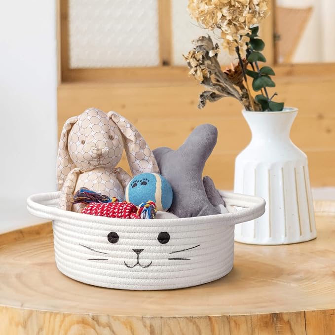 Small Woven Rope Cat Toy Basket with Cat Face Design, White | 9.8" x 4" Cute Toy Storage Bin for Living Room & Nursery, Pet Gift Basket Empty with Sturdy Handles