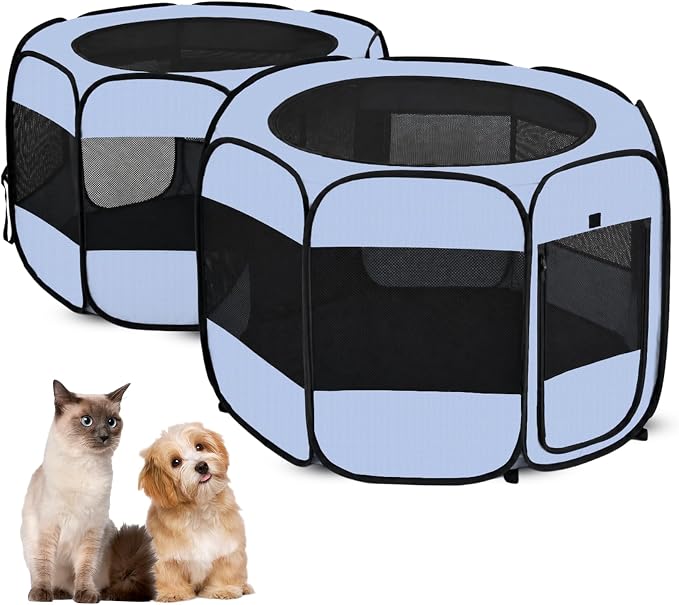 2-in-1 Dog Playpen, Pop Up Cat Puppy Pet Playpen, Indoor Outdoor Cats Enclosed, Cat Tent Crate Cage Kennel, Portable Playpen for Kitten and Small Animals(No Divider, Unified Space)