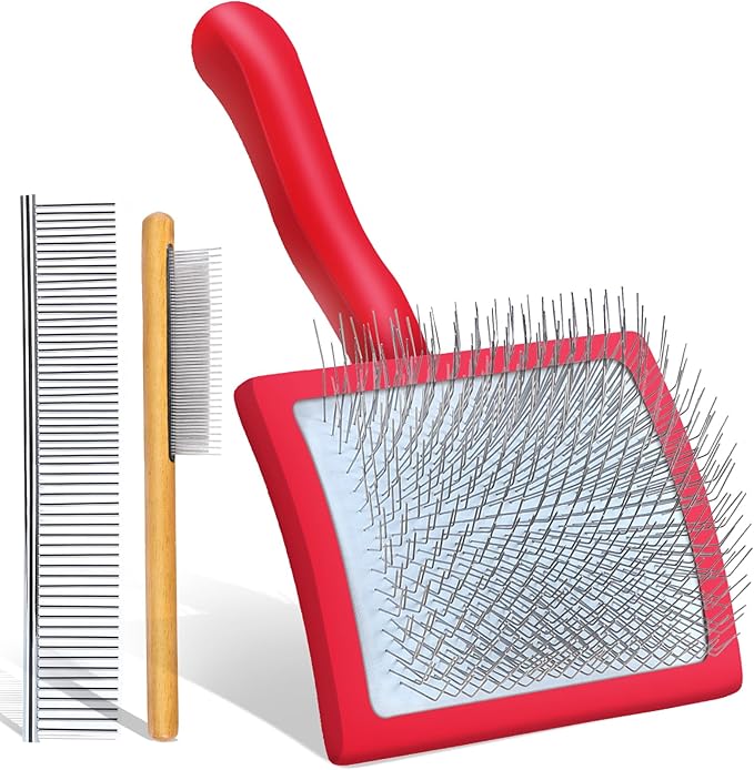 Slicker Brush for Dogs, Large Long Pin Dog Grooming Brush for Doodles Goldendoodles Poodles Labradoodle Bernedoodles, 3 Pcs Wooden Handle for Mats Tangles - Red