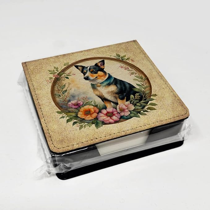 Caroline's Treasures Lancashire Heeler and Flowers PU Leather Note Paper Holder with Artist-Designed Cover, Desk Accessory, Office Gift