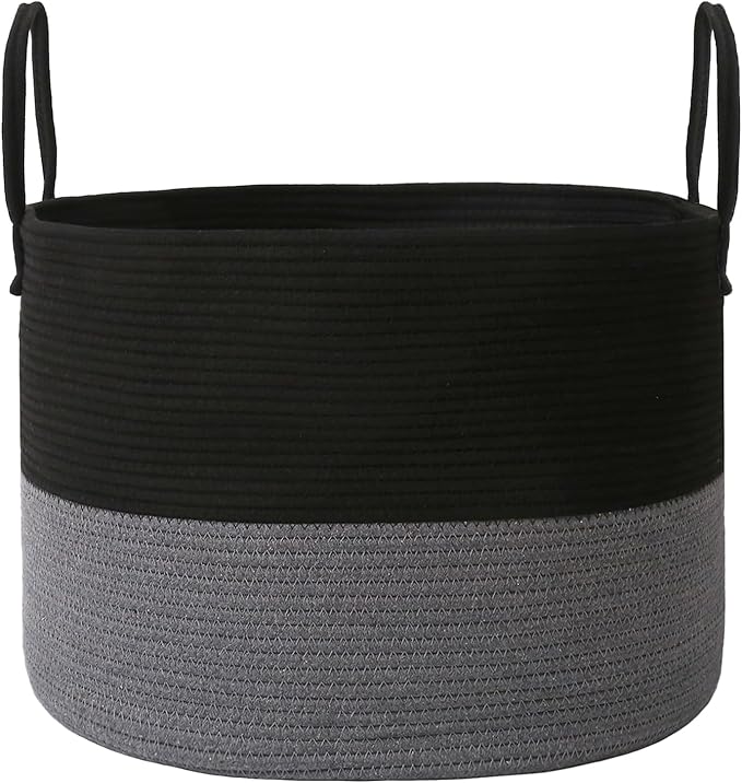 JMvicyroam 65L Extra Large Machine Washable Cotton Rope Blanket Basket | Collapsible laundry hamper, Reinforced handles, For blankets, pillows, toys and clothes, Living room and bedroom, Black&Grey