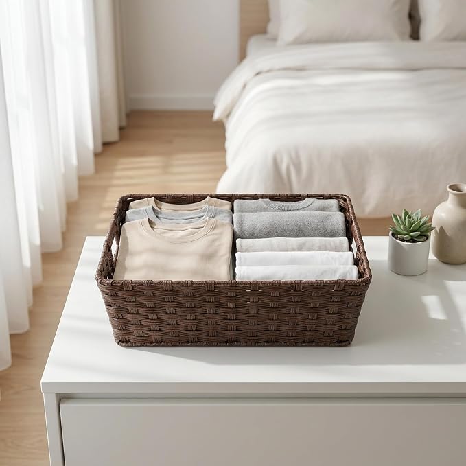 Large 2-Pack Plastic Wicker Storage Baskets, 17"x13"x5.5", Brown | onlytak Woven Baskets for Laundry, Closet, Living Room, Shelf Organization, Cat Bed