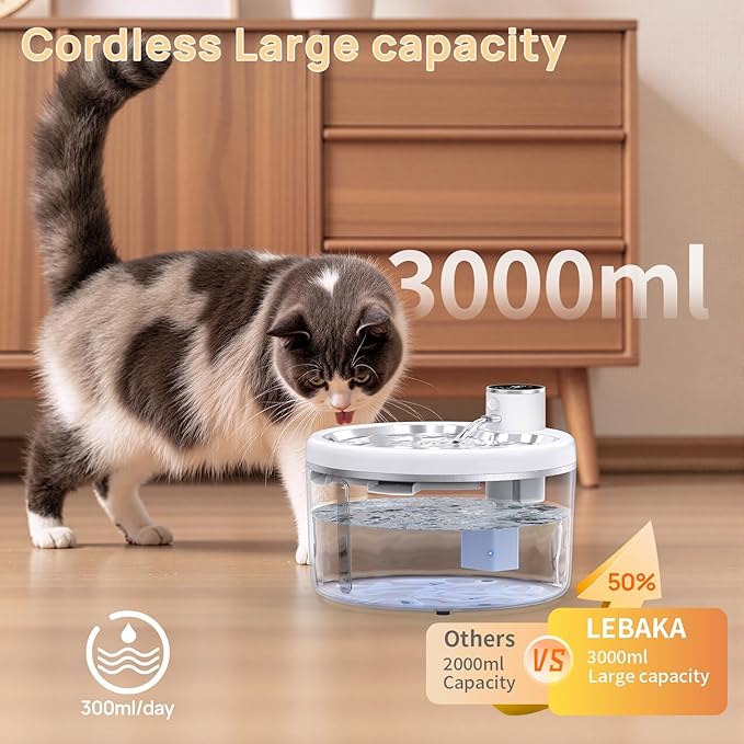 Wireless Cat Water Fountain with [Stainless Steel Tray], 102oz/3L Pet Water Fountain for Cats Inside, Cat Fountain for Drinking with Motion Sensor, Ultra Quiet Pump, Cats & Dogs Gifts (102oz+8Filters)