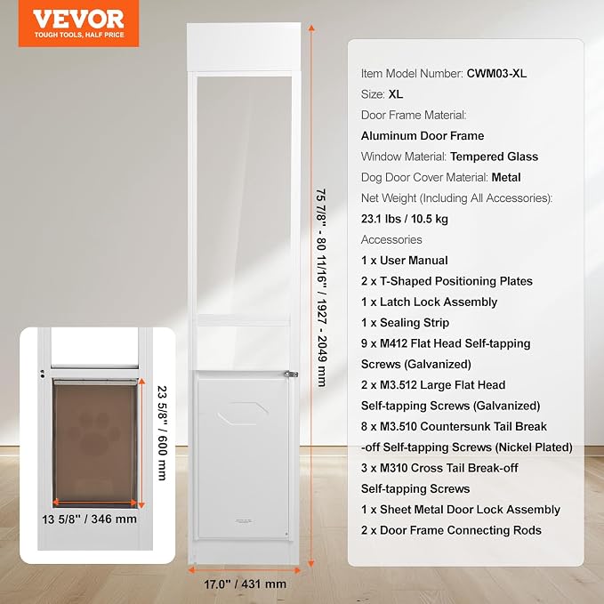 VEVOR Dog Door for Sliding Glass Door X-Large Doggy Door for Sliding Doors | For Dogs, 75 7/8"-80 11/16" Adjustable Height, Aluminum Frame, Tempered Glass, Pet Doors with Hinge Structure, Flap and Lock