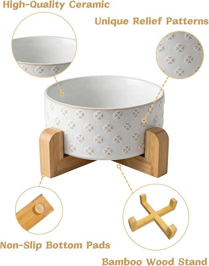 TRUVIC Ceramic Dog Bowl with Wood Stand, Jun Blanc Four-Leaf Clover Relief Dog Food and Water Bowl, 2 Cup/14 oz Puppy Food Bowl for Medium Dogs, Dishwasher Safe, Modern Geometric, Four-Leaf Clover