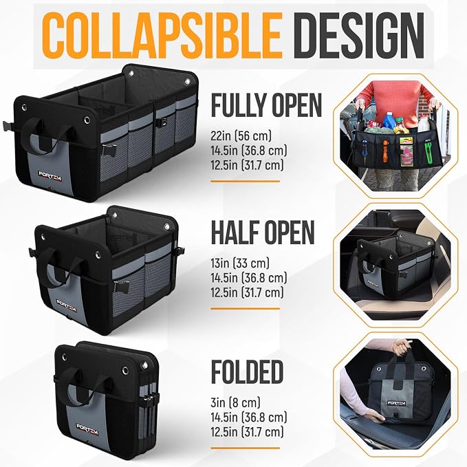 FORTEM Trunk Organizer - Collapsible Car Organizer & Storage Bag for SUVs | Car Accessories for Men & Women, Cooler Bag, Non Slip Bottom, Straps, Soft Cover, 1680D Oxford, 3 Compartments, Grey, 50L