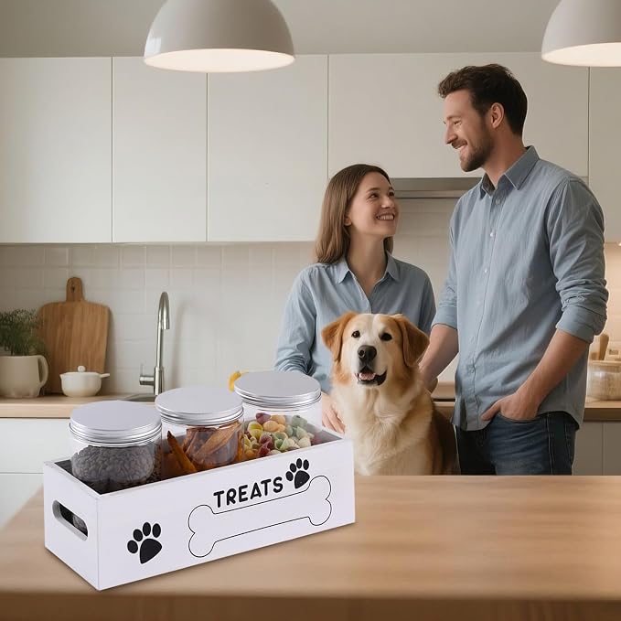 Dog Treat Container Cat Food Organizer with 3 Jar Pet Snack Container Decorative Pet Food Containers Farmhouse Decor Gift for Pet with Reusable Sticker & Marker - Bone Shape