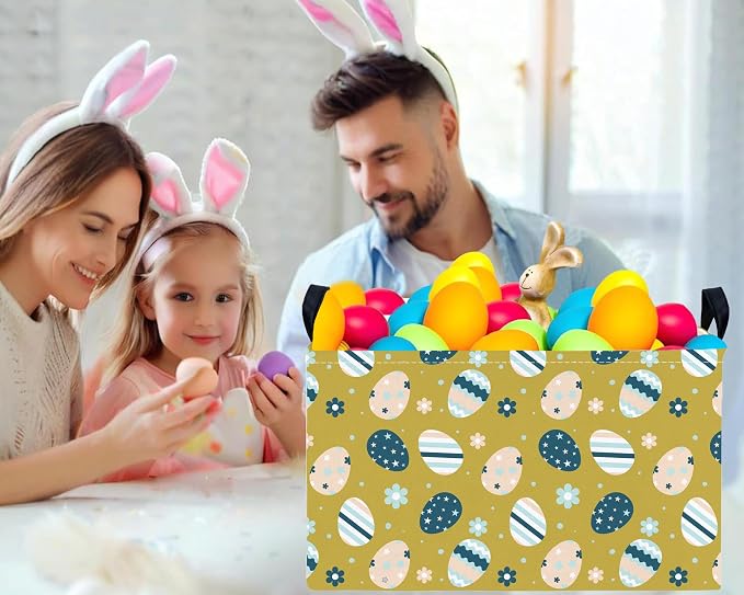 Large Rectangular Easter Baskets Empty Waterproof Boy Toy Box Foldable Kid's Gifts Storage Bin Spring Room Decor(Retro Floral Egg)