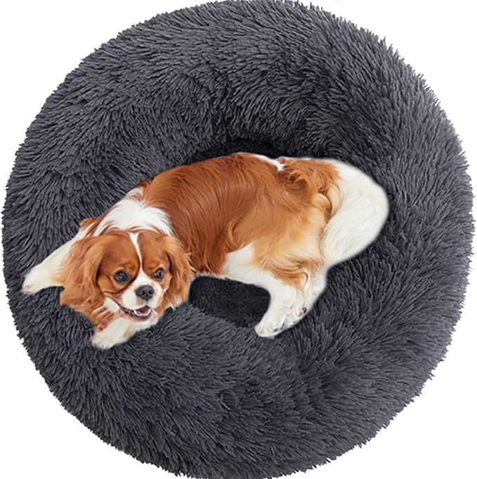 31 inches Calming Dog Bed for Large Dogs,Round Donut Plush Pet Cushion, Machine Washable Anti-Slip Bottom, Dark Gray Fluffy Warm Couch for Dogs Cats Up to 30KG