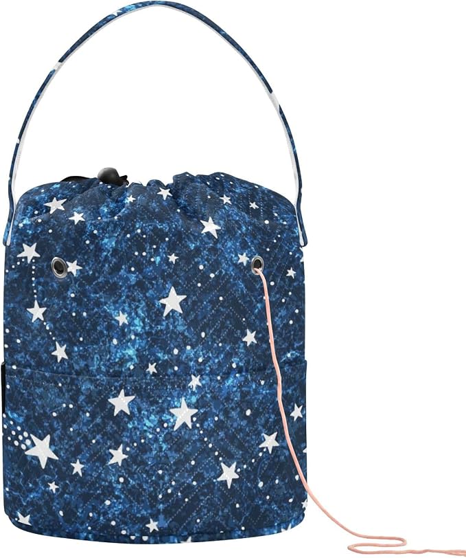 Tatenale Crochet Bag Yarn Bag Knitting Project Bag with Pockets and Handle Portable Yarn Storage Organizer Tangle Free 8.3x11 InchDark Blue Star33