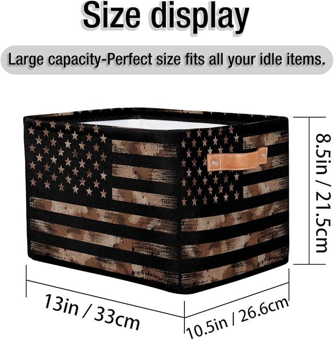 Pardick Flag Basket Storage Bins Rectangle Canvas Basket Cube Storage Box | Nursery Foldable Basket with Handle for Kids Girls Boys Toys Living Room Closet Organizer Shelf Gifts Camo Brown