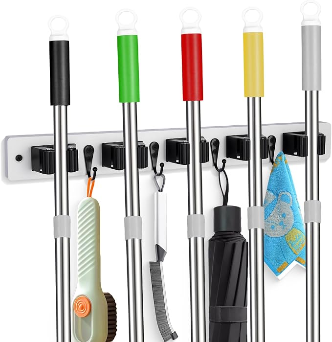 FunCee Broom Holder Wall Mount With 5 Slots & 4 Hooks，Rustic Wood Broom & Mop Hanger，Wall Mounted Garden & Garage Tool Storage Organizer Rack for Closet Laundry Room or Kitchen Wall Decor White
