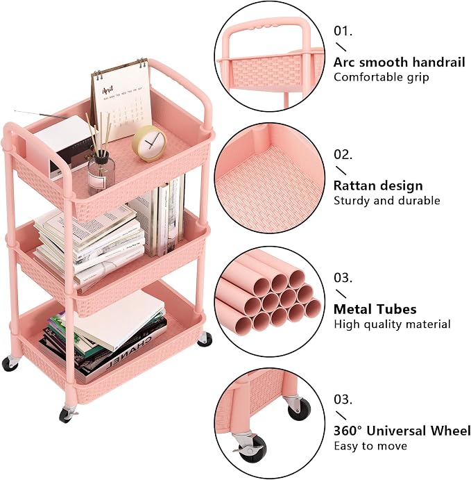 MOYIPIN 3-Tier Plastic Rolling Utility Cart with Handle,Utility,Pink | Utility Storage Cart for Office, Living Room, Kitchen,Movable Storage Organizer，Easy installation，Rattan-like art design
