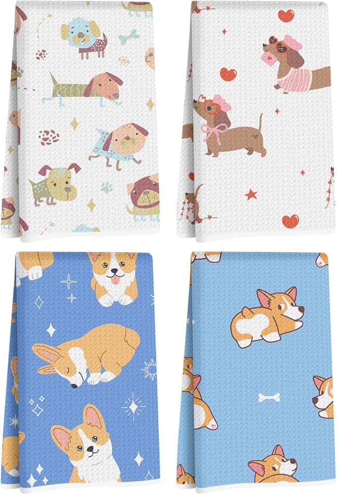 Hanamiya Na 4Pcs Adorable Cartoon Dog Kitchen Towels, Corgi & Dachshund Decorative Absorbent Microfiber Dish Cloth Tea Towel, Waffle Hand Towels for Farmhouse Home Bathroom, Dog Lover Gifts