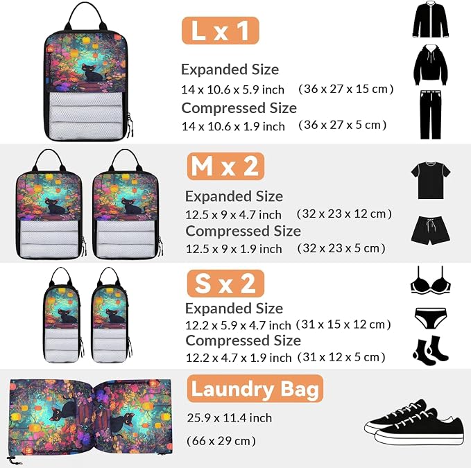 Cute 6 Set Compression Packing Cubes Cat Expandable Packing Organizer for Travel Accessories Luggage Suitcase Bag