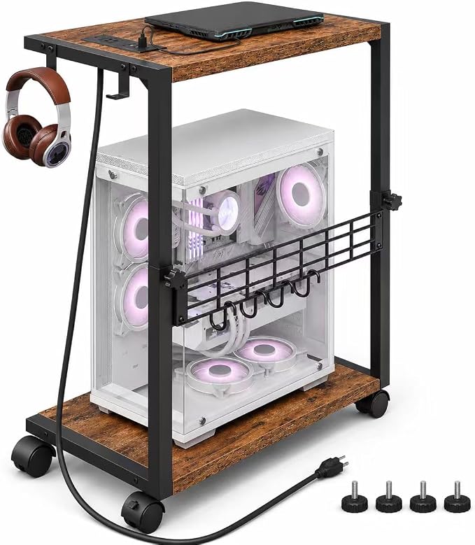 PC Stand with Charging Station, Height Adjustable Computer Tower Stand, 19.7"-31.5" H, Computer Cart with Wheels and Hooks, CPU Holder for Floor, Carpet and Under Desk, Rustic Brown