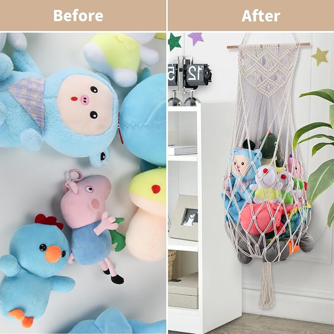 63 Inch Stuffed Animal Storage Hammock Corner, Stuffy Plushie Net,Cream | Wall Ceiling Over Door Hanging Toy Hammock for Stuffed Animals,Plushies Organizer w/ Star Lights,Nursery Kid Room Decor Gift