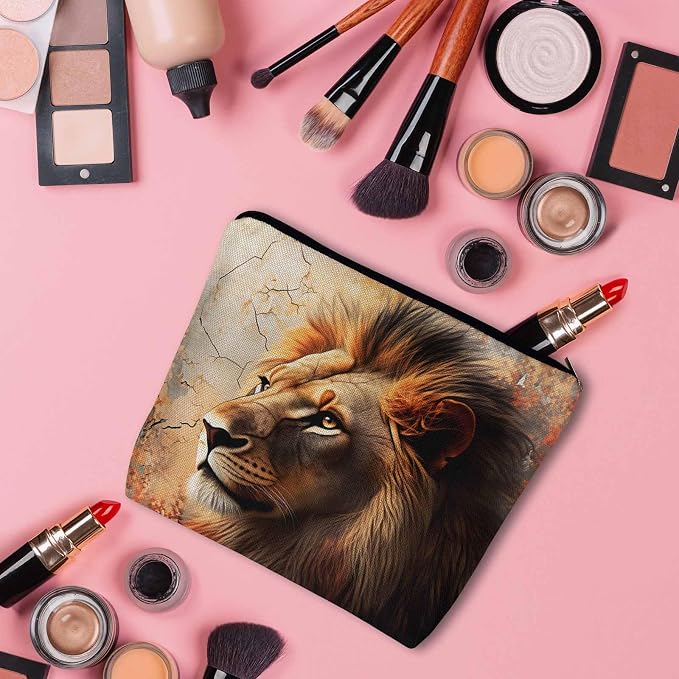 Makeup Bag Lion Makeup Bags For Purse Pouch, Wildlife Forest King Lion Travel Toiletry Bag Cosmetic Bag Makeup Bags Flax Makeup Organizer Bag Pencil Pouch For Man Woman, Brown