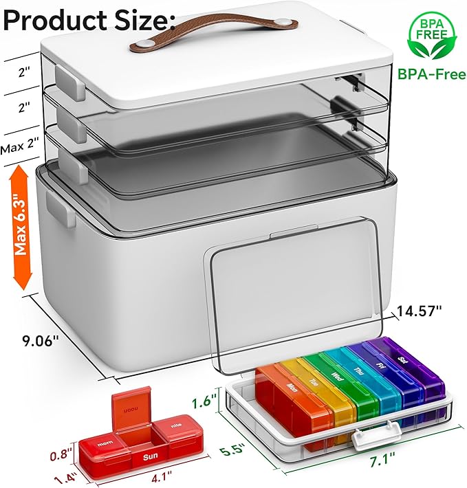 CTIME 4-Tier Extra-Large Medicine Organizer with Portable Pill Case Empty | Multipurpose Medical Box, Pill Organizer for Home Needs, Clear Visible Lids, Neatly Categorized, Home & Travel Essentials