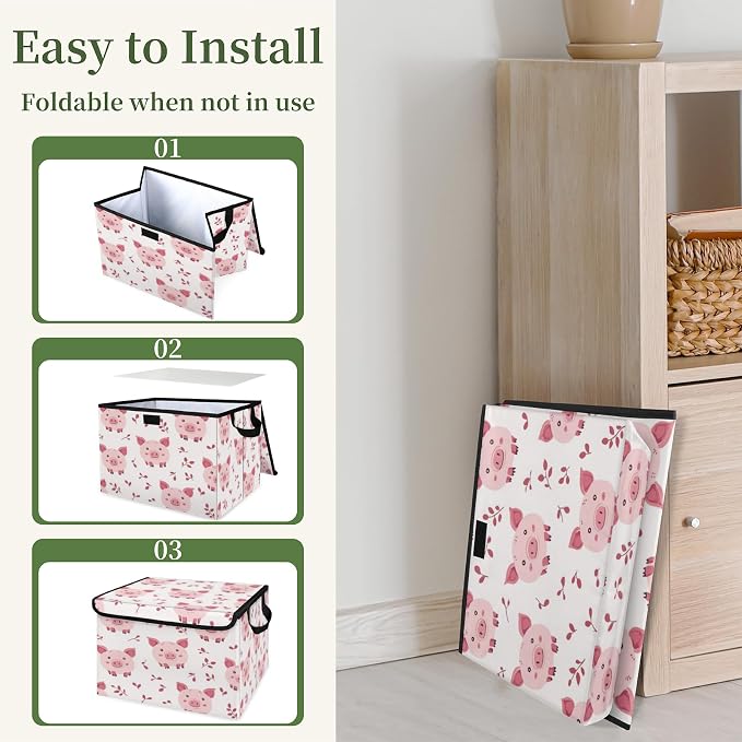 Pink Pig Storage Bins with Lids, Cute Pigs Foldable Storage Boxes with Carrying Handle Organizer Containers Baskets Cube for Home Bedroom Closet