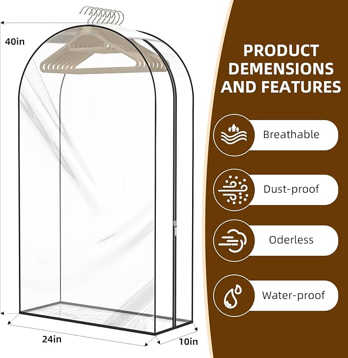 Clear Garment Bags for Hanging Clothes, 4-Pack, 40" | Upgraded thickened clear garment bags with 10" gusset for closet storage of shirts, coats, dresses