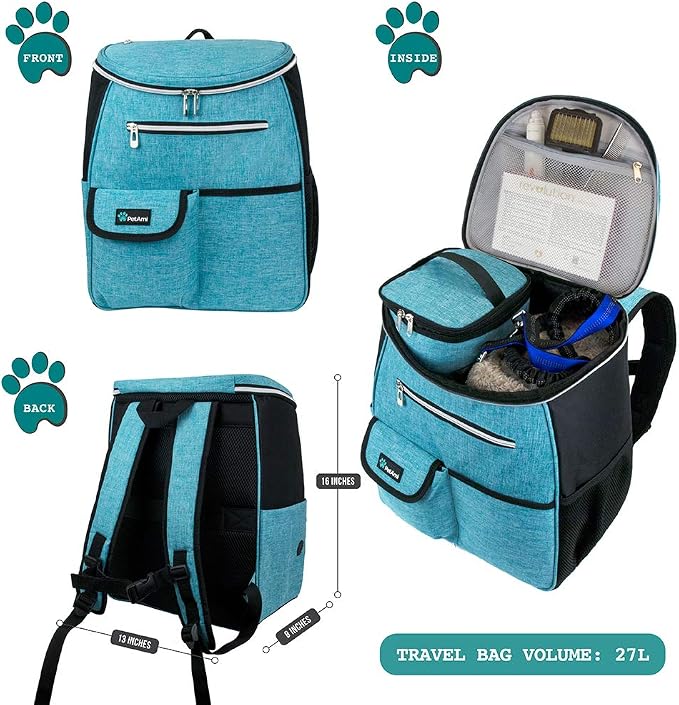 PetAmi Dog Travel Backpack 27L Airline Approved Pet Supplies Bag, Teal Blue | Cat Traveling Suitcase Organizer for Weekend Road Trip Camping; 2 Food Containers, 2 Collapsible Bowls & Poop Bag Dispenser