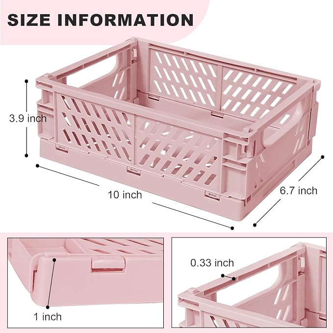 Tobeso-Nuoze Small Pastel Plastic Storage Bins 2Pcs Foldable Pastel Crates | Basket Colorful Storage Containers Baskets for Classroom Kitchen Office Bedroom Desktop Home Decor (Pink 9.8" x 6.5" x 3.8")