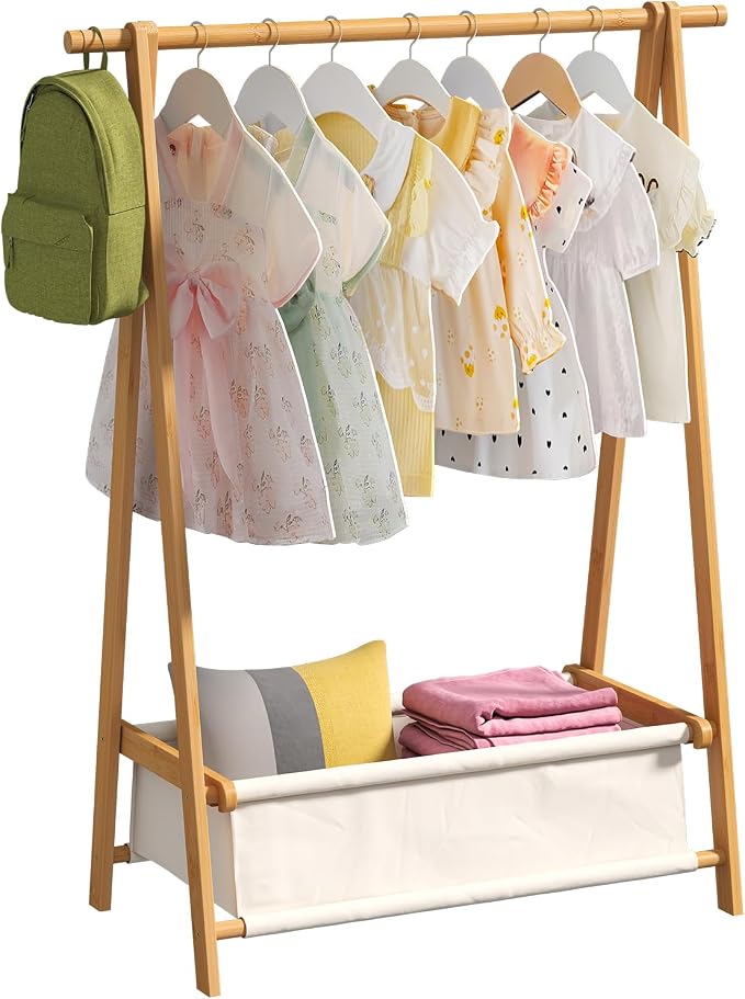 Clothing Rack, Coat Rack Freestanding for Hanging Clothes, Dress up Rack with Storage Basket,Closet Organizer for Hanging Clothes (Short)