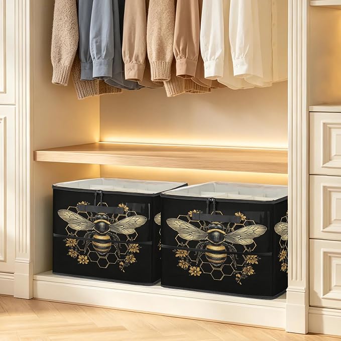 TropicalLife Bee Honeycomb Shoe Organizer for Closet | Vintage Golden Flower Foldable Shoe Storage Organizer Box Bin with Adjustable Dividers & Clear Cover, Fits up to 16-32 Pairs