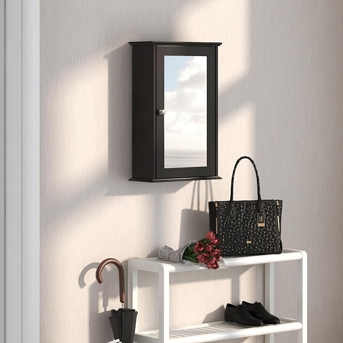 LOKO Bathroom Medicine Cabinet, Wall Mounted Storage Cabinet (Brown) | Single Mirrored Door | Adjustable Shelf | For Bathroom, Living Room, Entryway | 13.5 x 6 x 21 inches